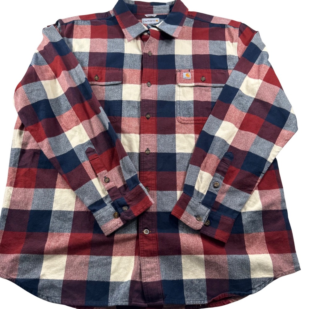 Carhartt Plaid Flannel Button Down Mens XL Red Blue Original Fit Work Shirt - Picture 2 of 10